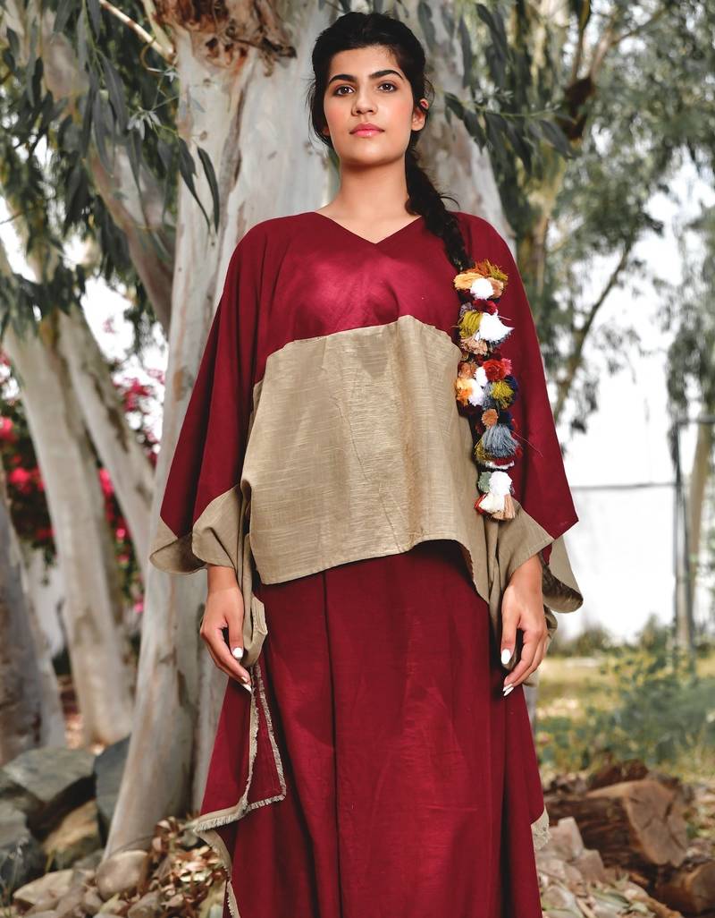 Maroon/ beige cotton linen cherry noora  co-ord set