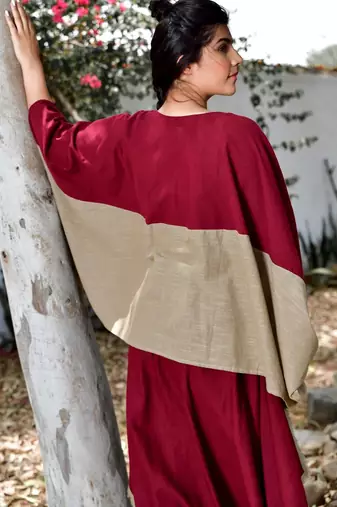 Maroon/ beige cotton linen cherry noora  co-ord set