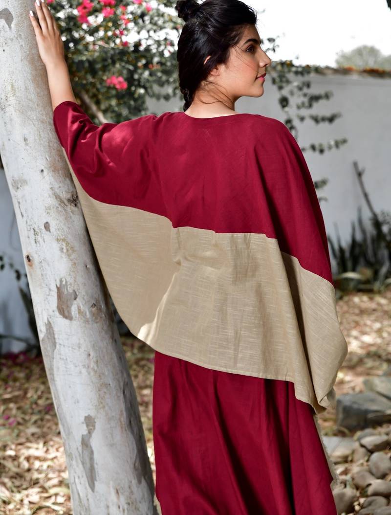 Maroon/ beige cotton linen cherry noora  co-ord set