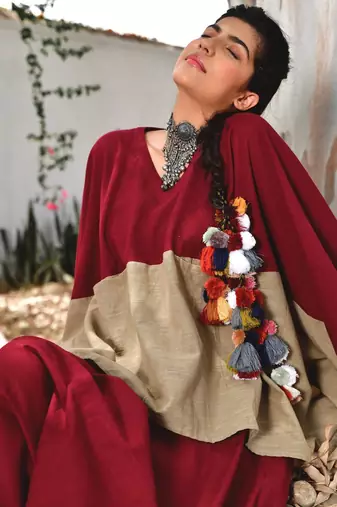 Maroon/ beige cotton linen cherry noora  co-ord set