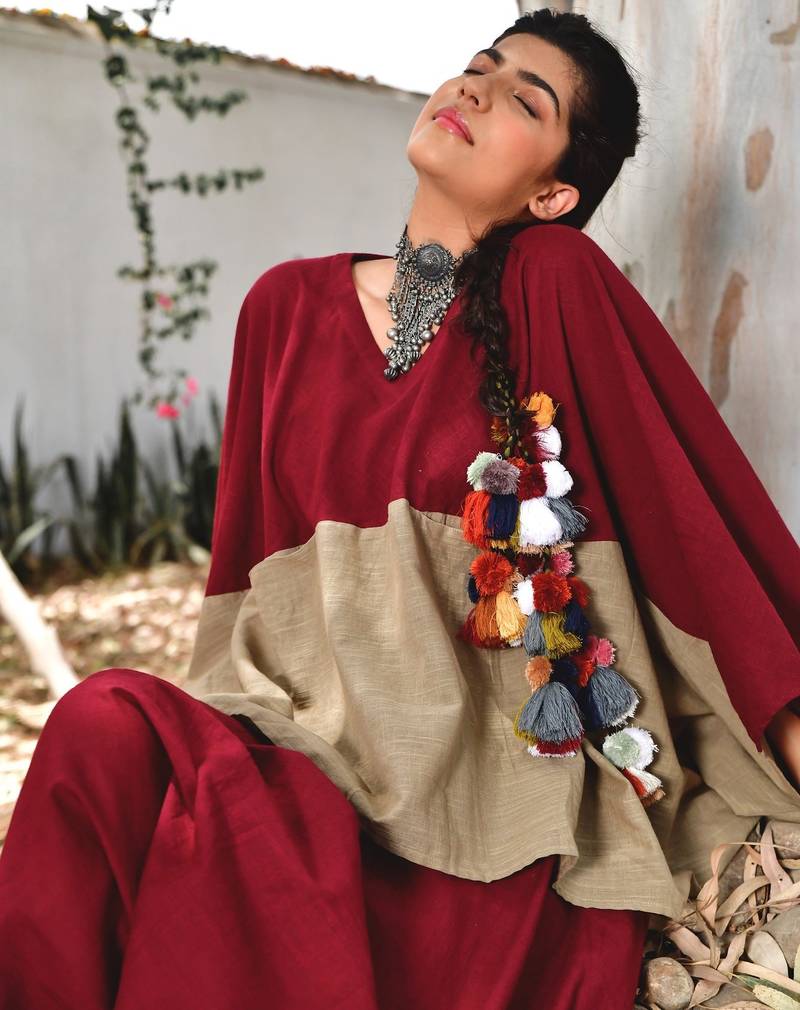 Maroon/ beige cotton linen cherry noora  co-ord set