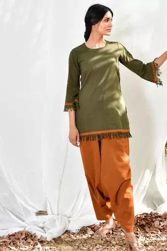 Mustard/army green cotton linen olive  uns co ord set