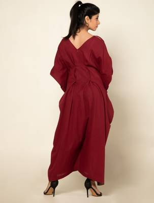 Maroon cotton linen maroon boho chic long jumpsuit 2