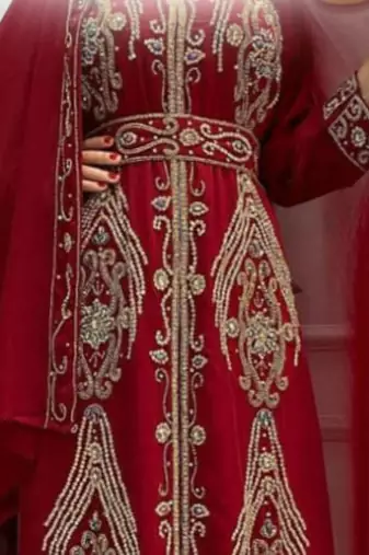 Luxurious dark Maroon Kaftan With Gold Work Stitched Dress