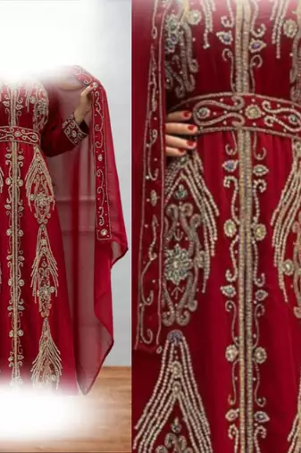 Luxurious dark Maroon Kaftan With Gold Work Stitched Dress