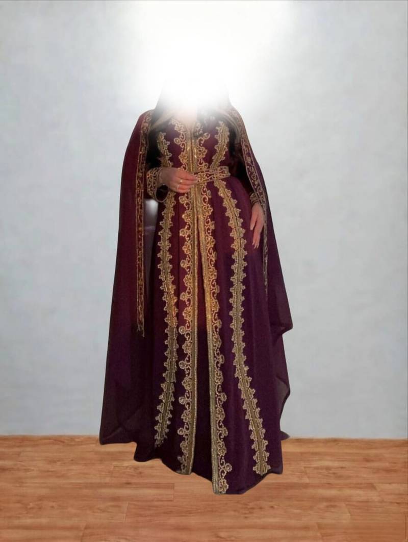 Luxurious Burgundy Kaftan With Gold Work Stitched Dress