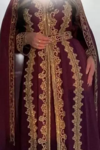 Luxurious Burgundy Kaftan With Gold Work Stitched Dress