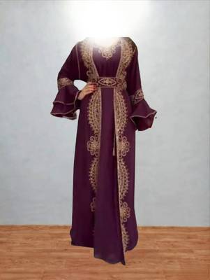 Luxurious Burgundy Kaftan With Gold Work Stitched Dress 1