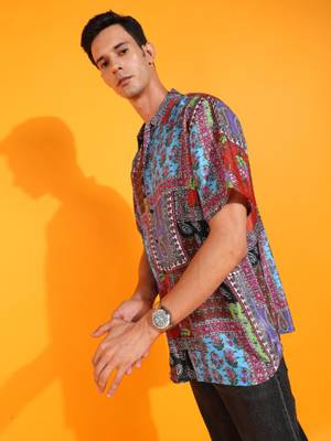  men's polyester floral placement printed regular shirt (multi) 3