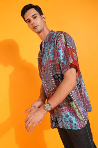  men's polyester floral placement printed regular shirt (multi)