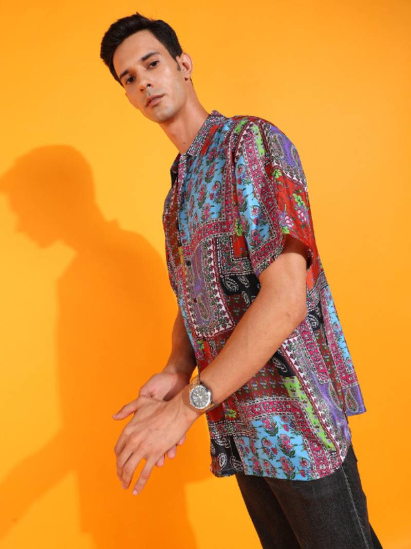  men's polyester floral placement printed regular shirt (multi)