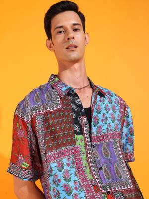  men's polyester floral placement printed regular shirt (multi) 4