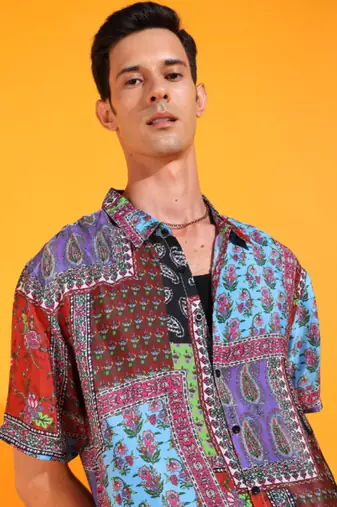  men's polyester floral placement printed regular shirt (multi)