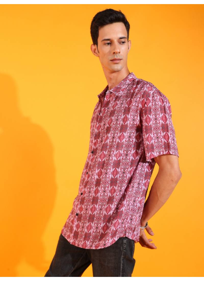  men's polyester geomatrical printed regular shirt (maroon)