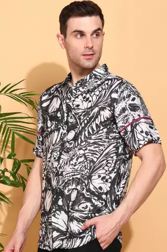 men's polyester floral printed regular shirt (black)
