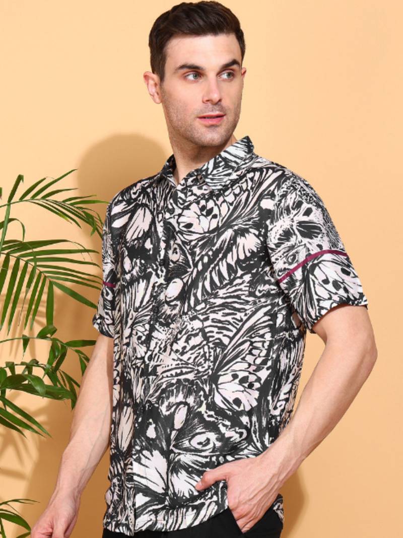  men's polyester floral printed regular shirt (black)