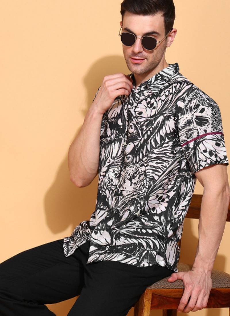  men's polyester floral printed regular shirt (black)