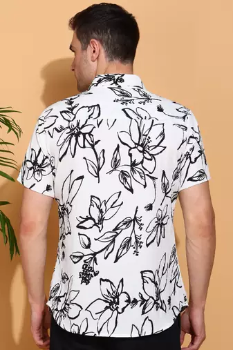 moss bubble fabric short sleeve button-down with black floral print casual shirt