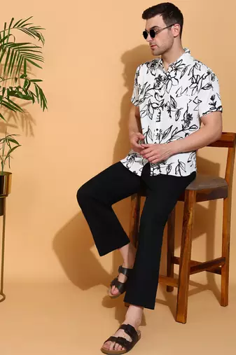 moss bubble fabric short sleeve button-down with black floral print casual shirt