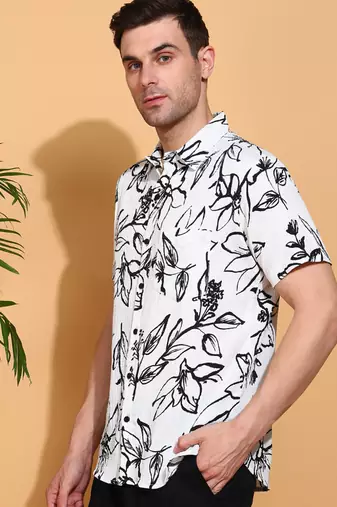 moss bubble fabric short sleeve button-down with black floral print casual shirt