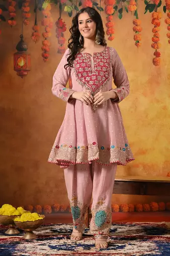 Pink banarasi embroidered kurta set