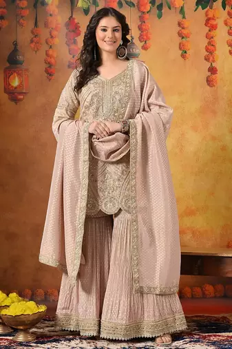 Peach banarasi embroidered gharara set