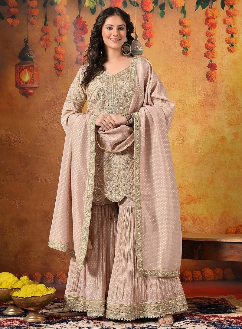 Peach banarasi embroidered gharara set