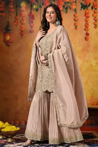 Peach banarasi embroidered gharara set