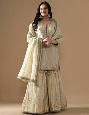Golden tissue embroidered gharara set 1