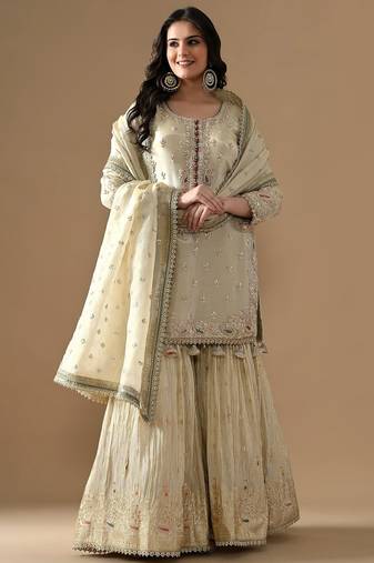 Golden tissue embroidered gharara set