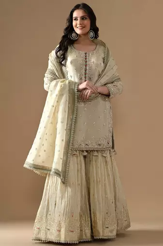 Golden tissue embroidered gharara set