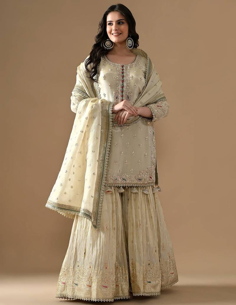 Golden tissue embroidered gharara set