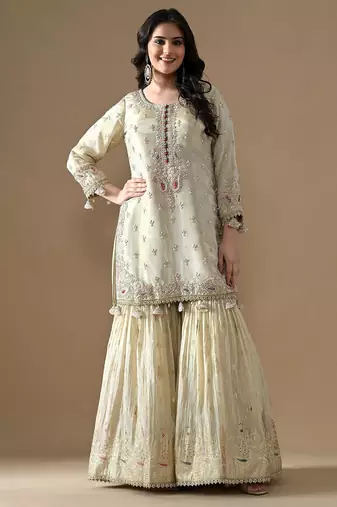 Golden tissue embroidered gharara set