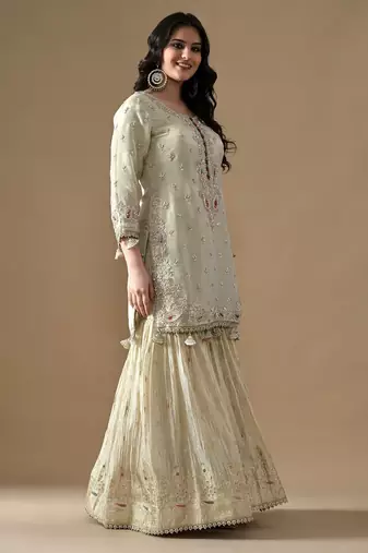 Golden tissue embroidered gharara set