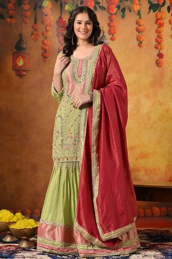 Green tissue embroidered gharara set