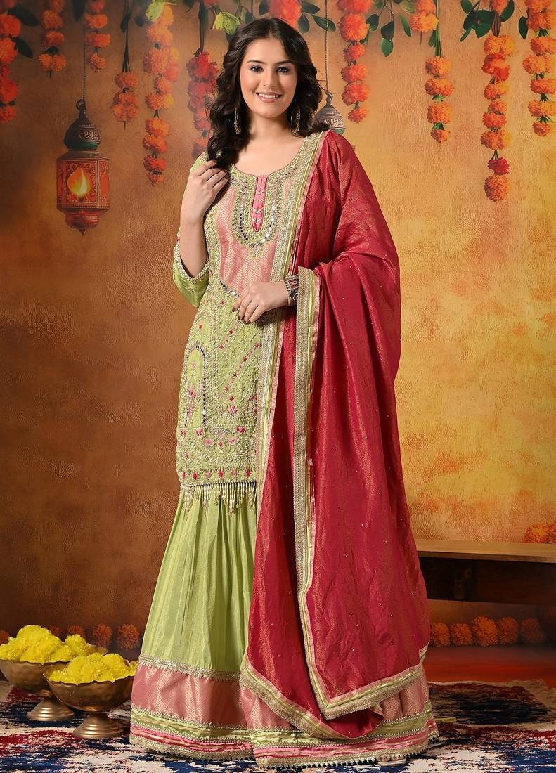 Green tissue embroidered gharara set