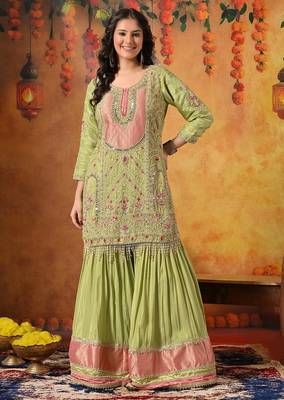 Green tissue embroidered gharara set 4