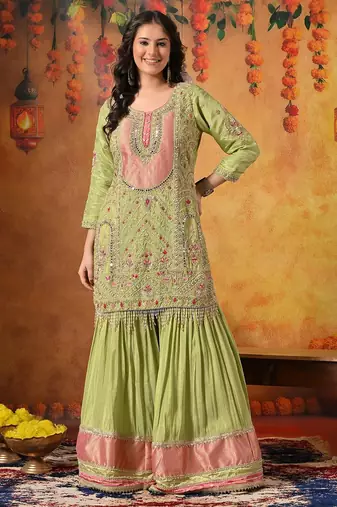 Green tissue embroidered gharara set