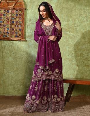 Purple chiffon embroidered gharara set 1