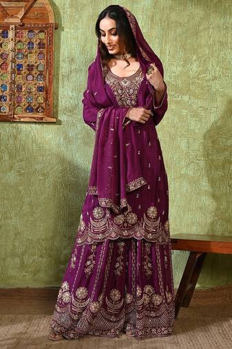 Purple chiffon embroidered gharara set