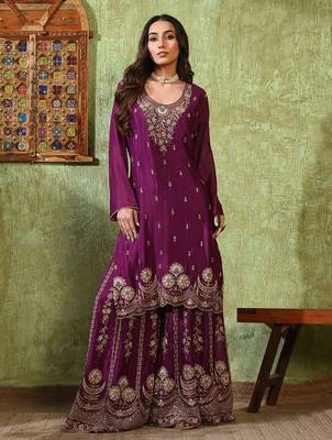 Purple chiffon embroidered gharara set 2