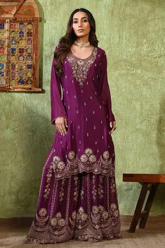 Purple chiffon embroidered gharara set