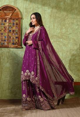 Purple chiffon embroidered gharara set 3