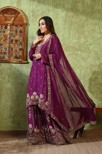 Purple chiffon embroidered gharara set