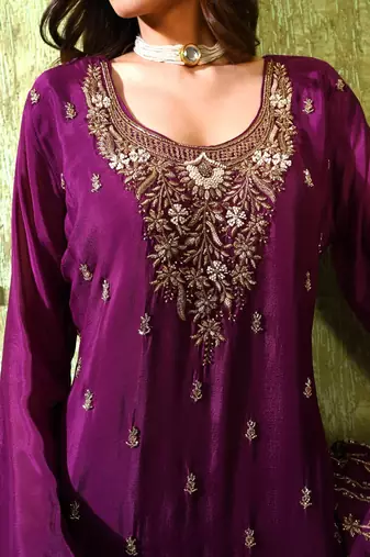Purple chiffon embroidered gharara set
