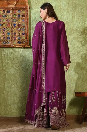 Purple chiffon embroidered gharara set