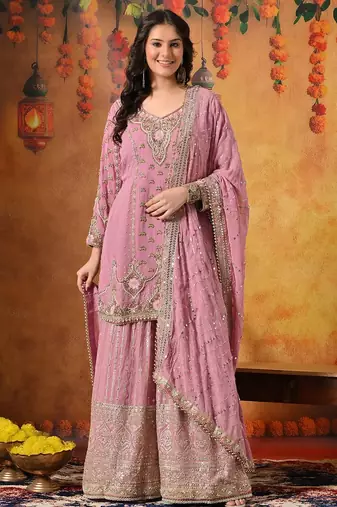 Pink georgette embroidered gharara set
