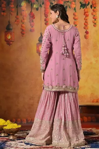 Pink georgette embroidered gharara set