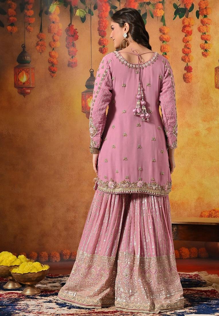 Pink georgette embroidered gharara set