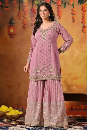 Pink georgette embroidered gharara set
